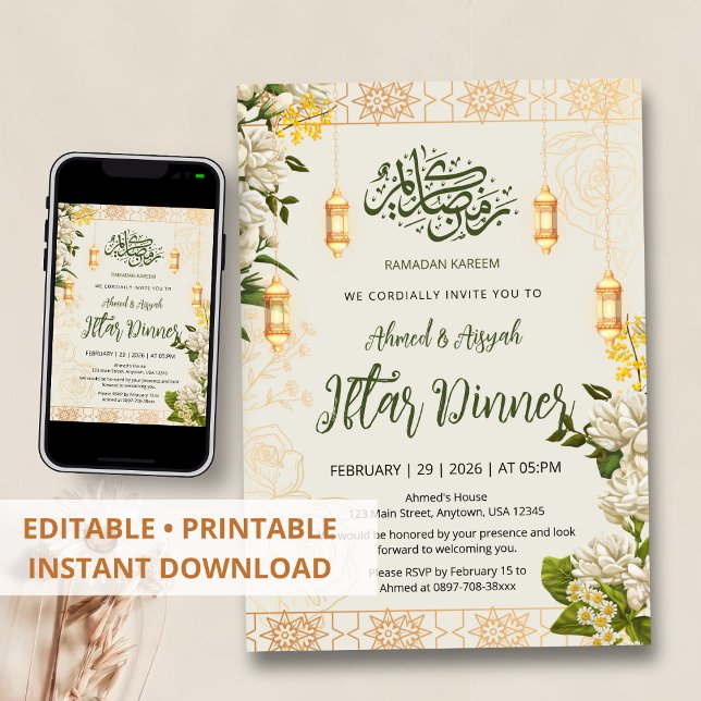 Invitation Élégant Jasmin Blanc Floral Ramadan Iftar (Créateur téléchargé)