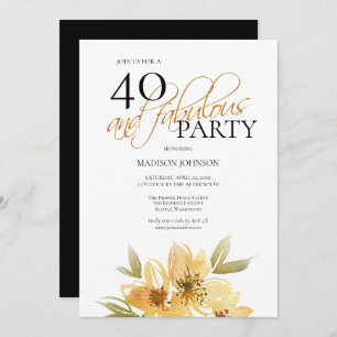 Invitation Elégant Jaune Floral 40 et Fabuleux Anniversaire