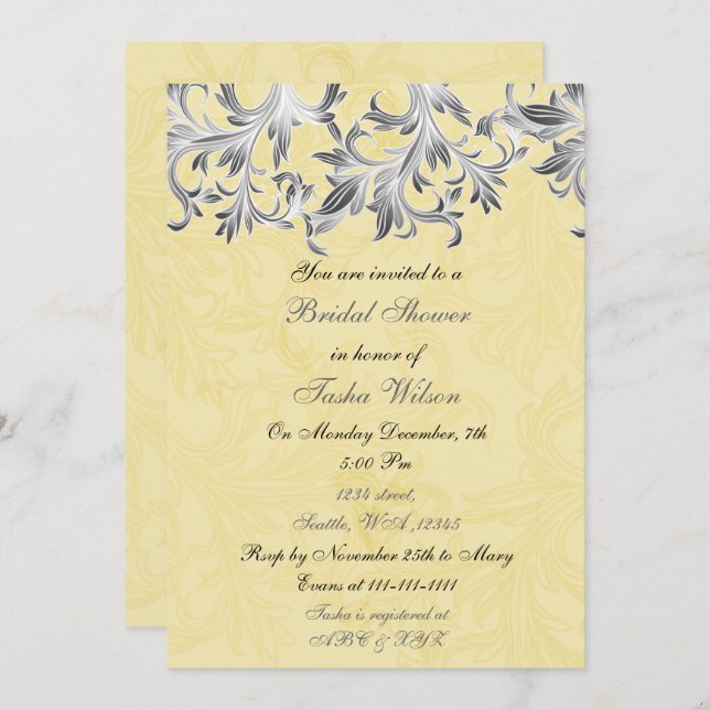 Invitation Elegant jaune gris Douche nuptiale (Devant / Derrière)