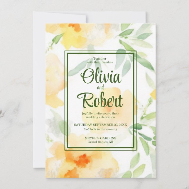 Invitation Elégant jaune orange aquarelle Mariage floral (Devant)