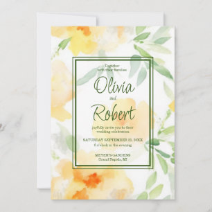 Invitation Elégant jaune pêche orange aquarelle fleurie
