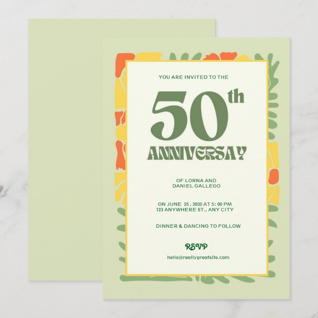 Invitation Elégant Jaune & Vert Moderne 50e Anniversaire (Devant / Derrière)