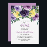 Invitation Élégant jaune violet fleuri 40e anniversaire<br><div class="desc">Elégante invitation à la fête botanique du 40ème anniversaire pour les femmes avec de jolies fleurs d'aquarelle violette et jaune et la verdure. Personnalisé avec votre propre texte.</div>