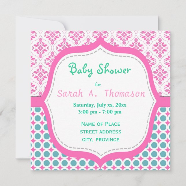 Invitation Elégant, joli baby shower rose, turquoise à fleurs (Devant)