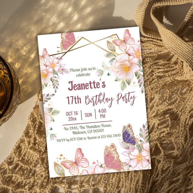 Invitation Elégant joli papillon rose floral 17e anniversaire (Front )