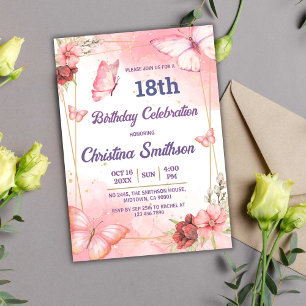 Invitation Élégant joli papillon rose floral 18e anniversaire