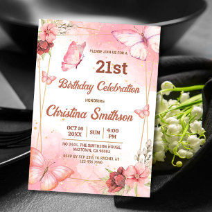 Invitation Elégant joli papillon rose floral 21e anniversaire