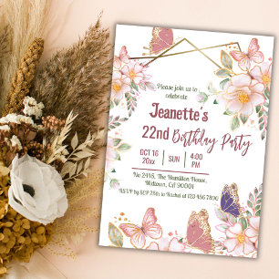 Invitation Elégant joli papillon rose floral 22e anniversaire