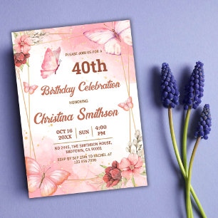 Invitation Elégant joli papillon rose floral 40e anniversaire