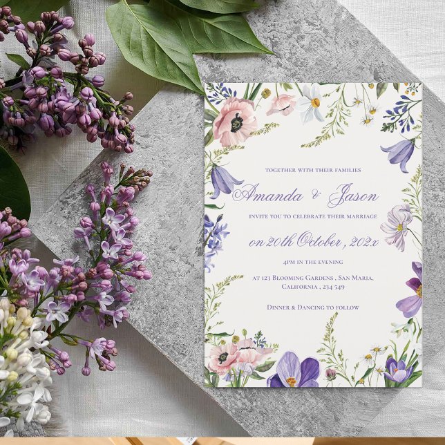 Invitation Élégant Joli Pêcher Violet bleu Mariage Floral (Elegant Pretty Peach Purple Blue Floral Wedding Invitation)