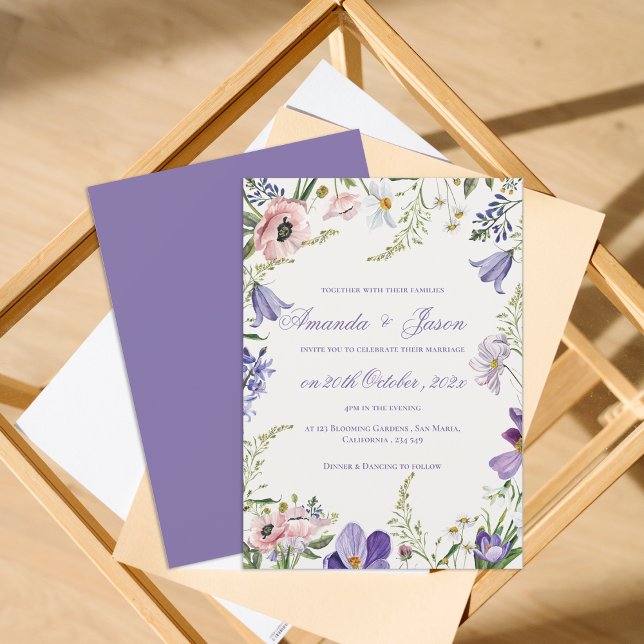 Invitation Élégant Joli Pêcher Violet bleu Mariage Floral (Elegant Pretty Peach Purple Blue Floral Wedding Invitation)