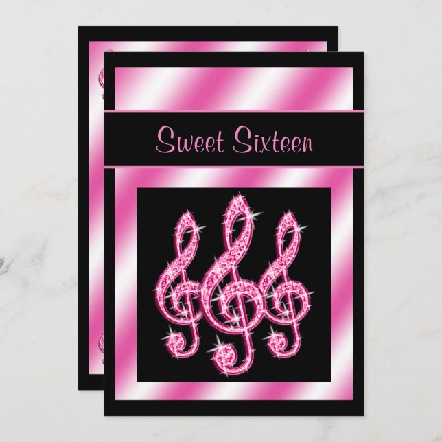 Invitation Élégant, Joli Pink Treble Clefs Sweet 16 (Devant / Derrière)