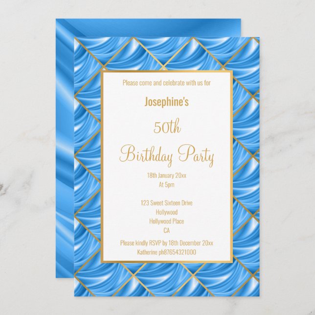 INVITATION ÉLÉGANT JOLIE BLEU SATIN GOLD ANNIVERSAIRE INVITAT (Devant / Derrière)