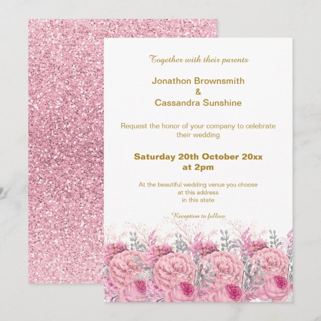 INVITATION ÉLÉGANT JOLIE ROSE MARIAGE PARTIES SCINTILLANT FLO (Devant / Derrière)
