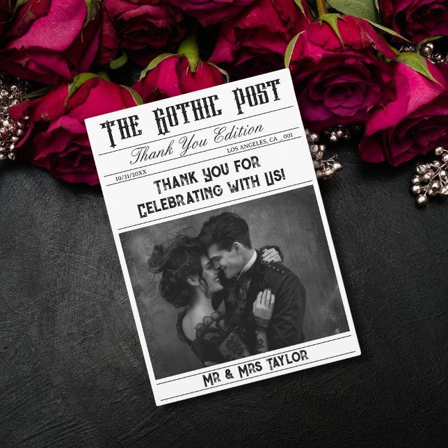 Invitation Élégant journal gothique Merci photo (gothic newspaper thank you card)