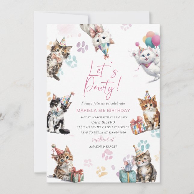 Invitation Élégant Kitten chat aquarelle 5ème anniversaire (Devant)