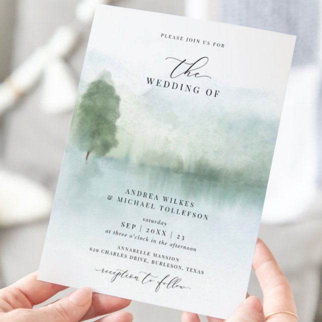 Invitation Elégant lac d'aquarelle et arbres Mariage (Créateur téléchargé)
