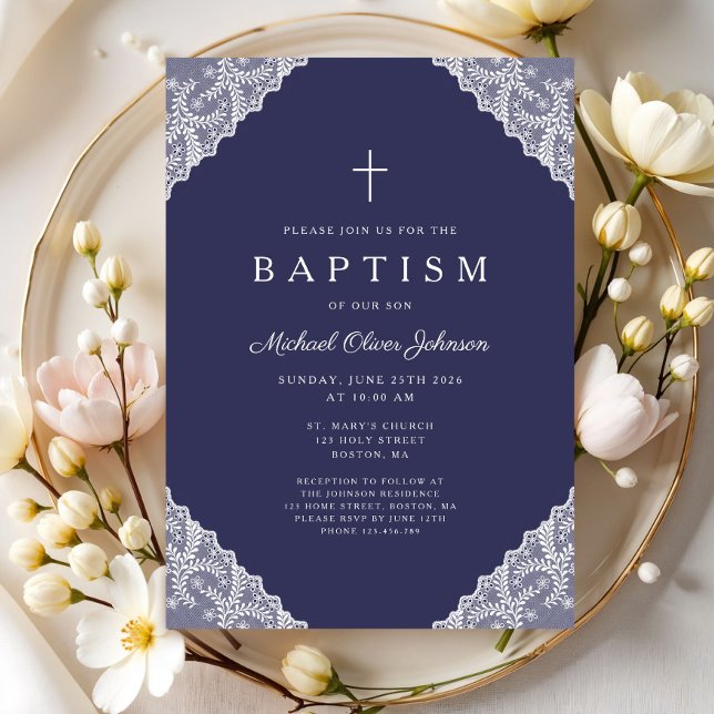 Invitation Elegant Lace Navy Blue Baby Boy Baptism (Elegant Lace Navy Blue Baby Boy Baptism Invitation)