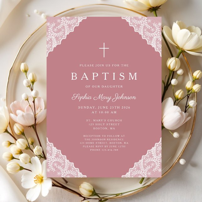 Invitation Elegant Lace Pink Baby Girl Baptism (Elegant Lace Pink Baby Girl Baptism Invitation)