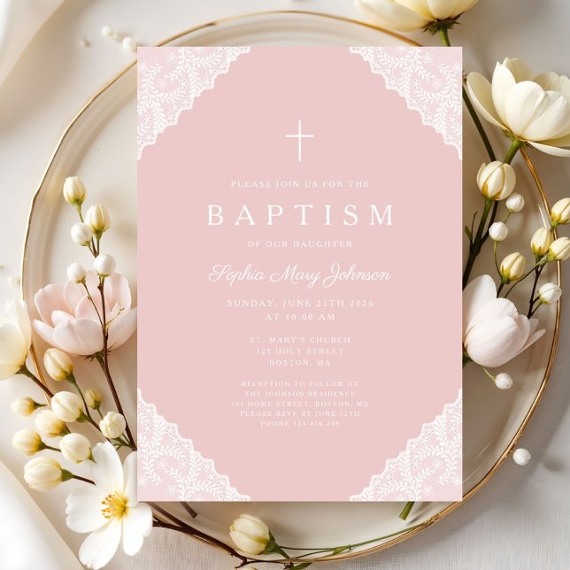 Invitation Elegant Lace Pink Baby Girl Baptism (Elegant Lace Pink Baby Girl Baptism Invitation)