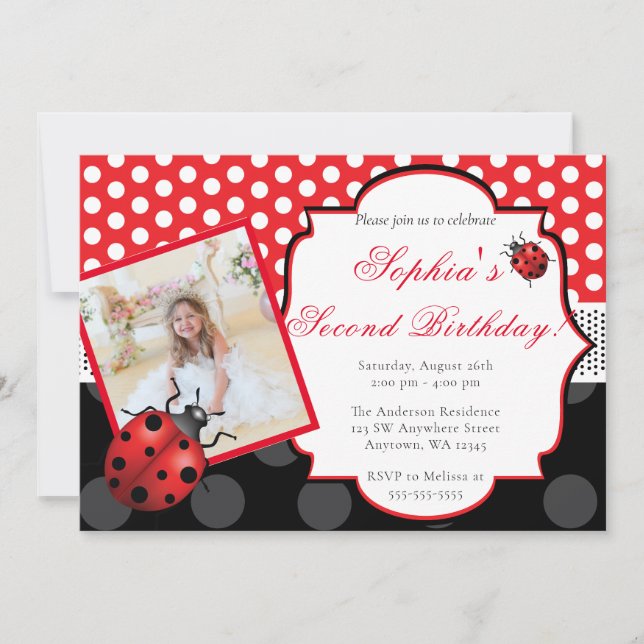 Invitation Elégant Ladybug Polka point Anniversaire (Devant)