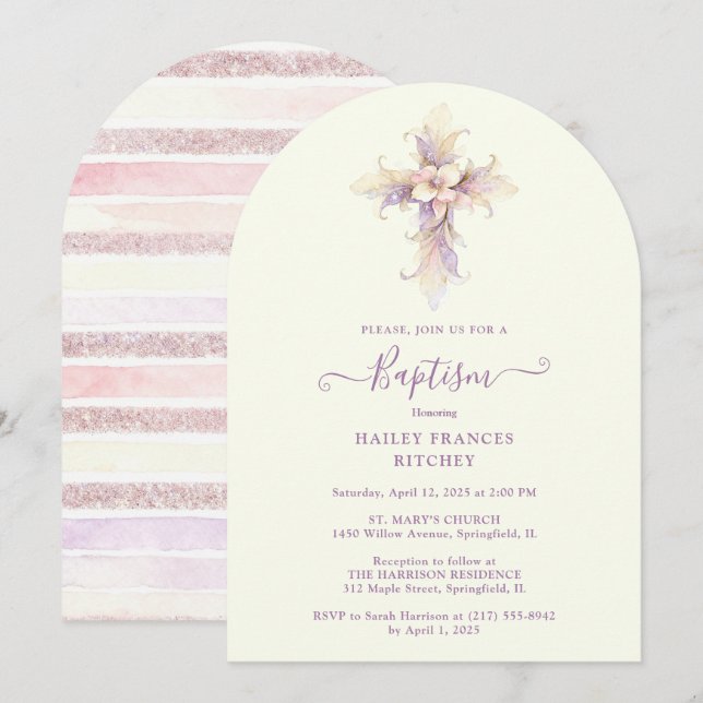 Invitation Elegant Lavender Blooms Cross Christian Baptism (Devant / Derrière)