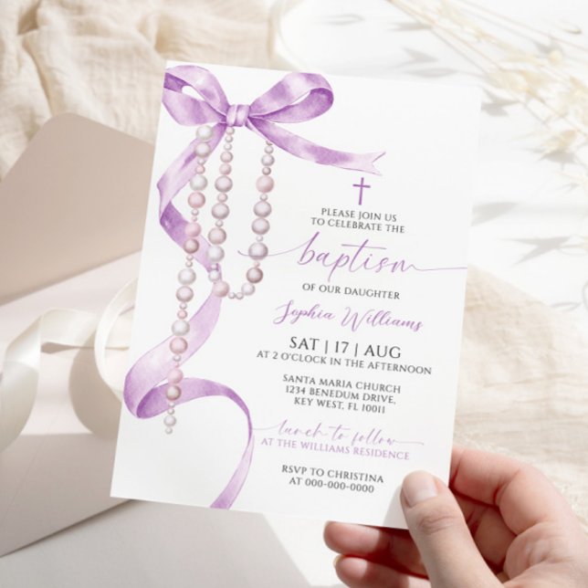 Invitation Élégant Lavender Bow & Rosary Baptisme (Créateur téléchargé)