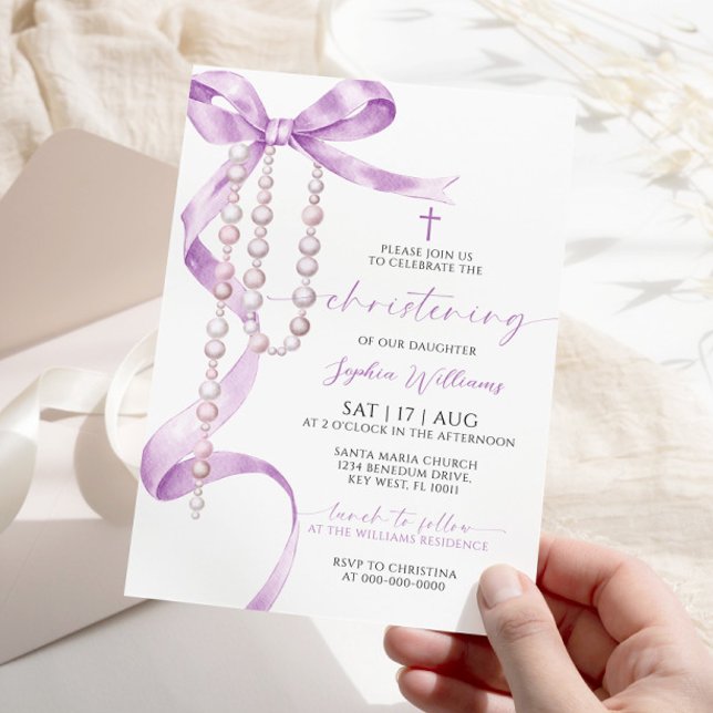 Invitation Élégant Lavender Bow & Rosary Christening (Créateur téléchargé)