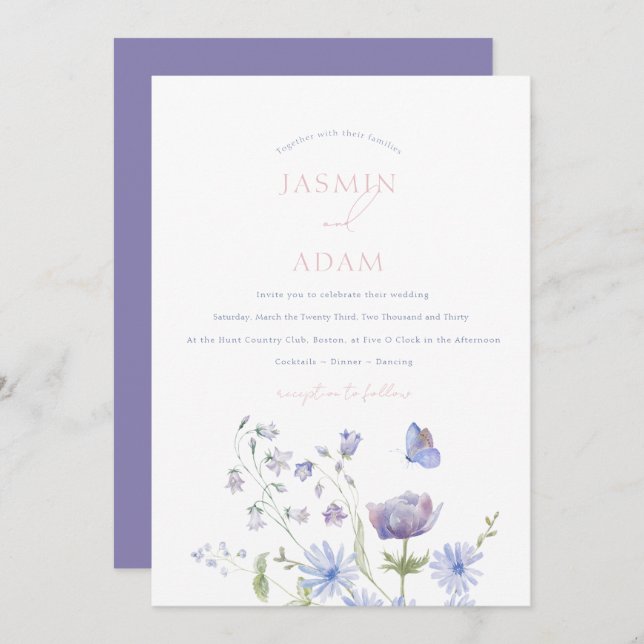 Invitation Élégant Lavender Fleurs sauvages papillons Mariage (Devant / Derrière)