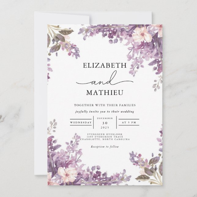 Invitation Élégant Lavender Floral Mariage (Devant)