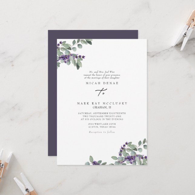 Invitation Élégant Lavender Floral Mariage (Devant/Arrière en situation)