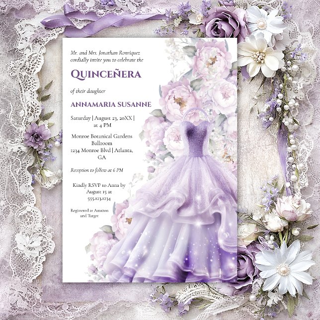 Invitation Elegant Lavender Floral Quinceañera Ball Gown |  (Créateur téléchargé)