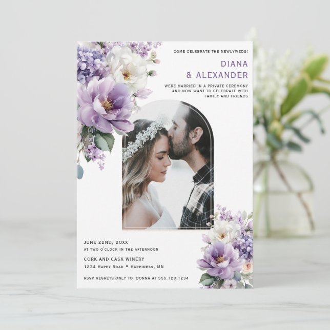 Invitation Elegant Lavender Floral Reception Only | (Debout devant)