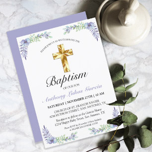 Invitation Élégant Lavender Gold Cross Baby Baptism