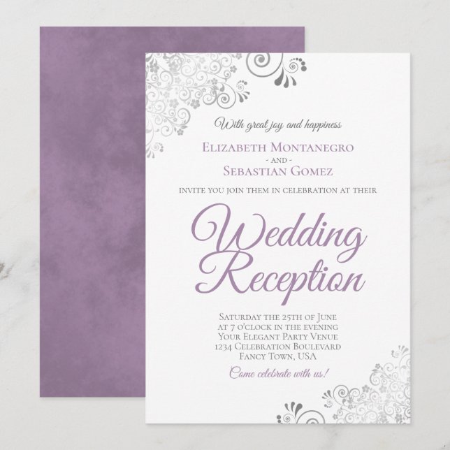 Invitation Elegant Lavender Purple & Silver Wedding Reception (Devant / Derrière)