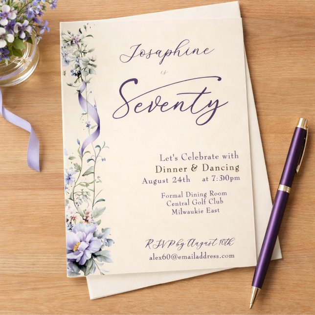 Invitation Elegant Lavender Wildflower Script 70th Birthday (Créateur téléchargé)