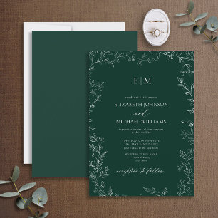 Invitation Elegant Leaf Emerald Green Monogram Wedding