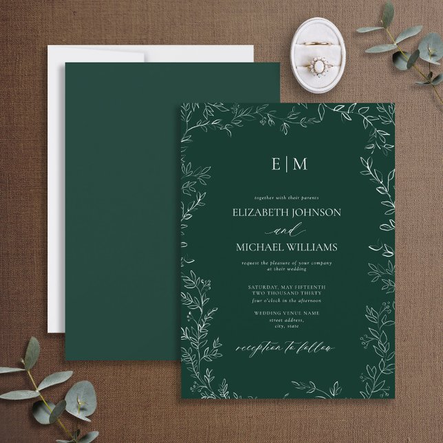 Invitation Elegant Leaf Emerald Green Monogram Wedding (Créateur téléchargé)