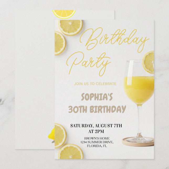 Invitation Elegant Lemon-Inspired Birthday (Devant / Derrière)
