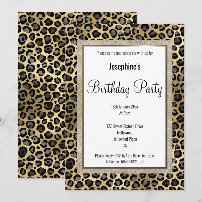 INVITATION ELÉGANT LEOPARD OR NOIR MOTIF ANNIVERSAIRE (Devant / Derrière)