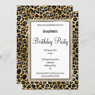 INVITATION ELÉGANT LEOPARD OR NOIR MOTIF ANNIVERSAIRE