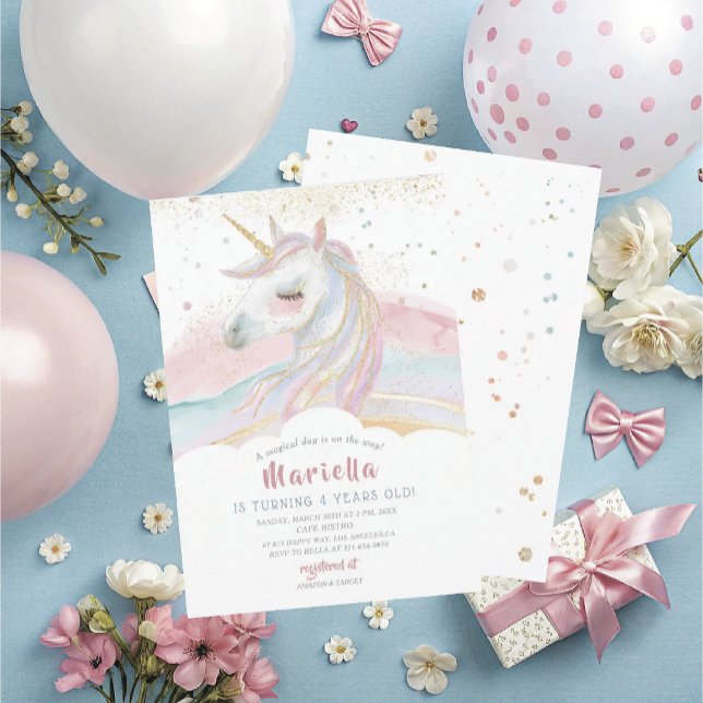 Invitation Elégant Licorne Aquarelle Anniversaire Fille Arc-e (Créateur téléchargé)