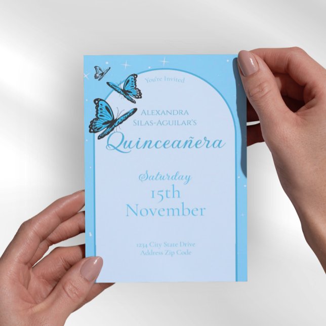 Invitation Elegant Light Blue Butterfly Quinceañera - Custom  (Elegant Light Blue Quinceañera Invitations)