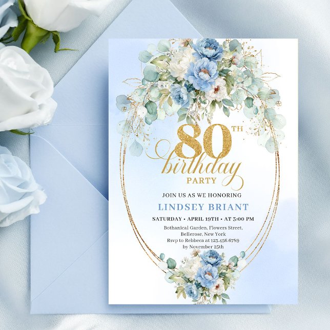 Invitation Elegant Light Blue Peony Floral Gold 80th Birthday (Elegant Light Blue Peony Floral Gold 80th Birthday Invite)
