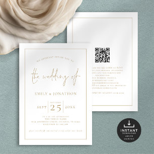 Invitation Elegant Ligne de script or Bordure Code QR Mariage