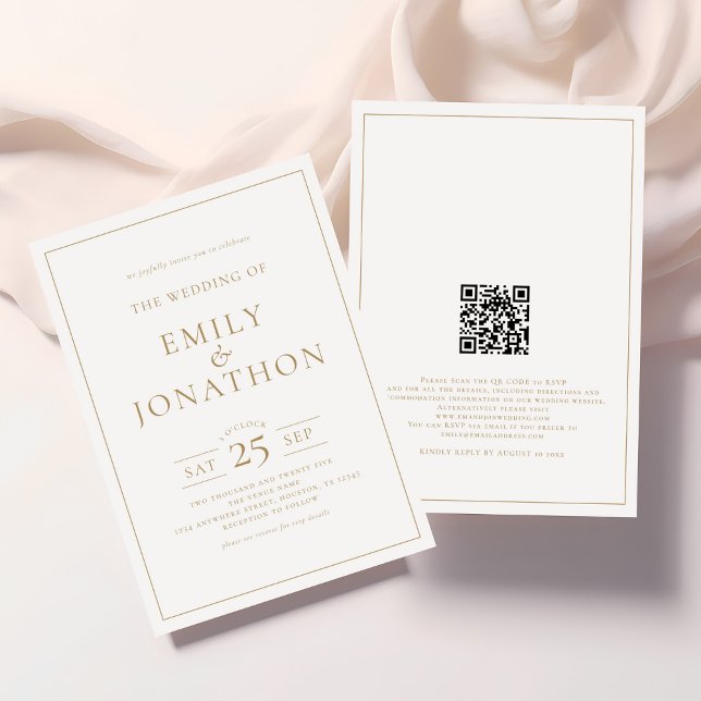 Invitation Elegant Ligne d'écriture or Bordure Code QR Mariag (Front and back view)