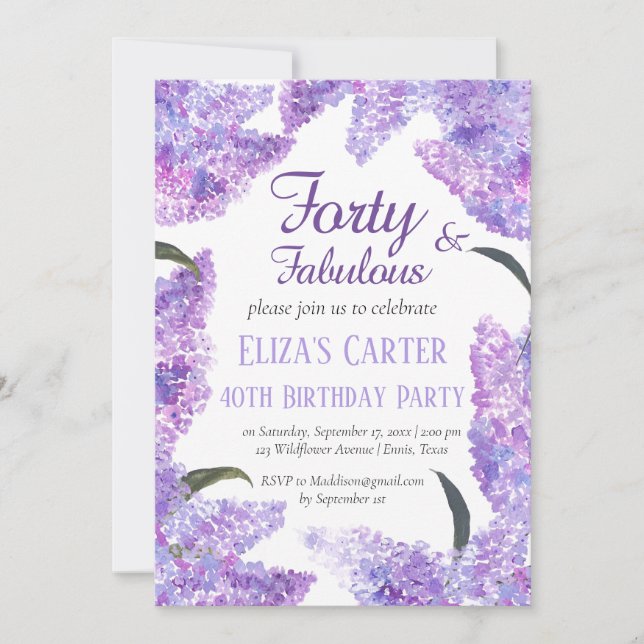 Invitation Elegant Lilac 40th Feminine Wildflower Birthday (Devant)