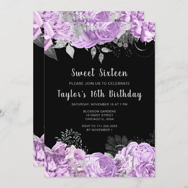 Invitation Elegant Lilac and Silver Flowers Sweet Sixteen (Devant / Derrière)