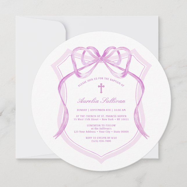 Invitation Élégant Lilac Bow Crest Baptisme (Devant)