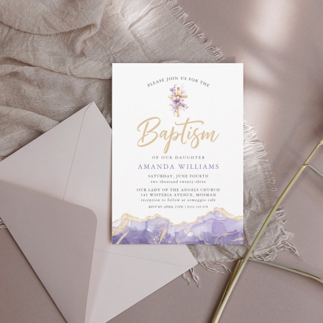 Invitation Elégant Lilac Gold Agate avec croix | Baptême (Créateur téléchargé)